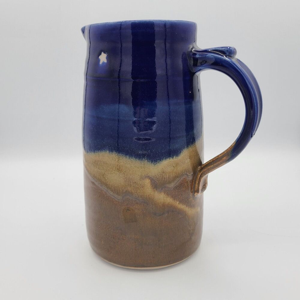 Vintage Studio Pottery Pitcher Blue Brown Artist Signed 8 1/2" Tall